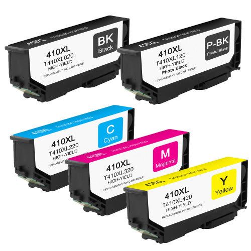 1 each Black, Photo Black, Cyan, Magenta, Yellow High Capacity Inkjet Cartridges compatible with Epson T410XL020, T410XL120, T410XL220, T410XL320, T410XL420 (Epson 410XL)