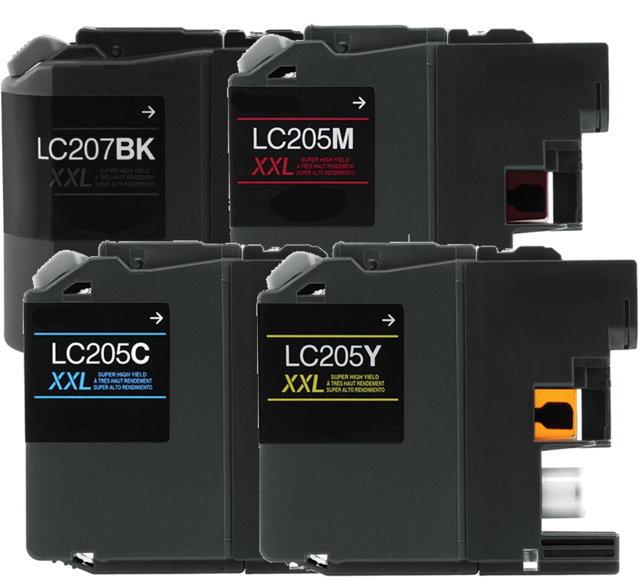 Compatible Brother LC207 / LC205 4-Set Ink Cartridges: 1 each of BK /C / M / Y
