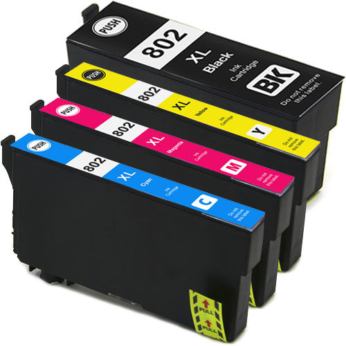 1 each High Yield Black, Cyan, Magenta, Yellow Ink Cartridges compatible with Epson T802XL0-4Pk (Epson 802XL)